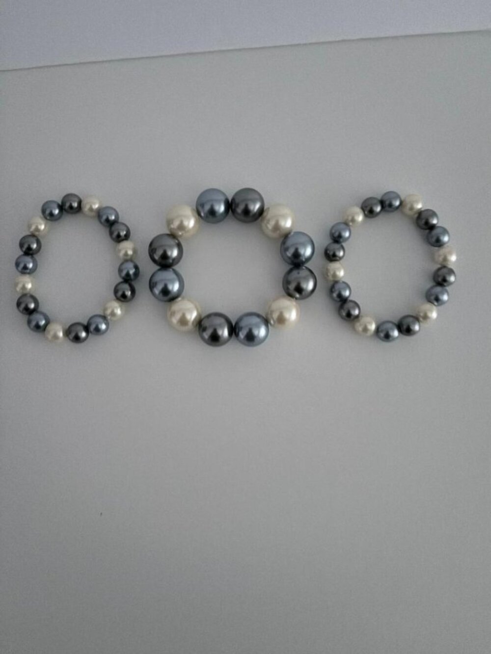 Set of 3 Gray & Cream Faux Pearl Stretch Bracelets Stackable Two-Tone Pearl Set